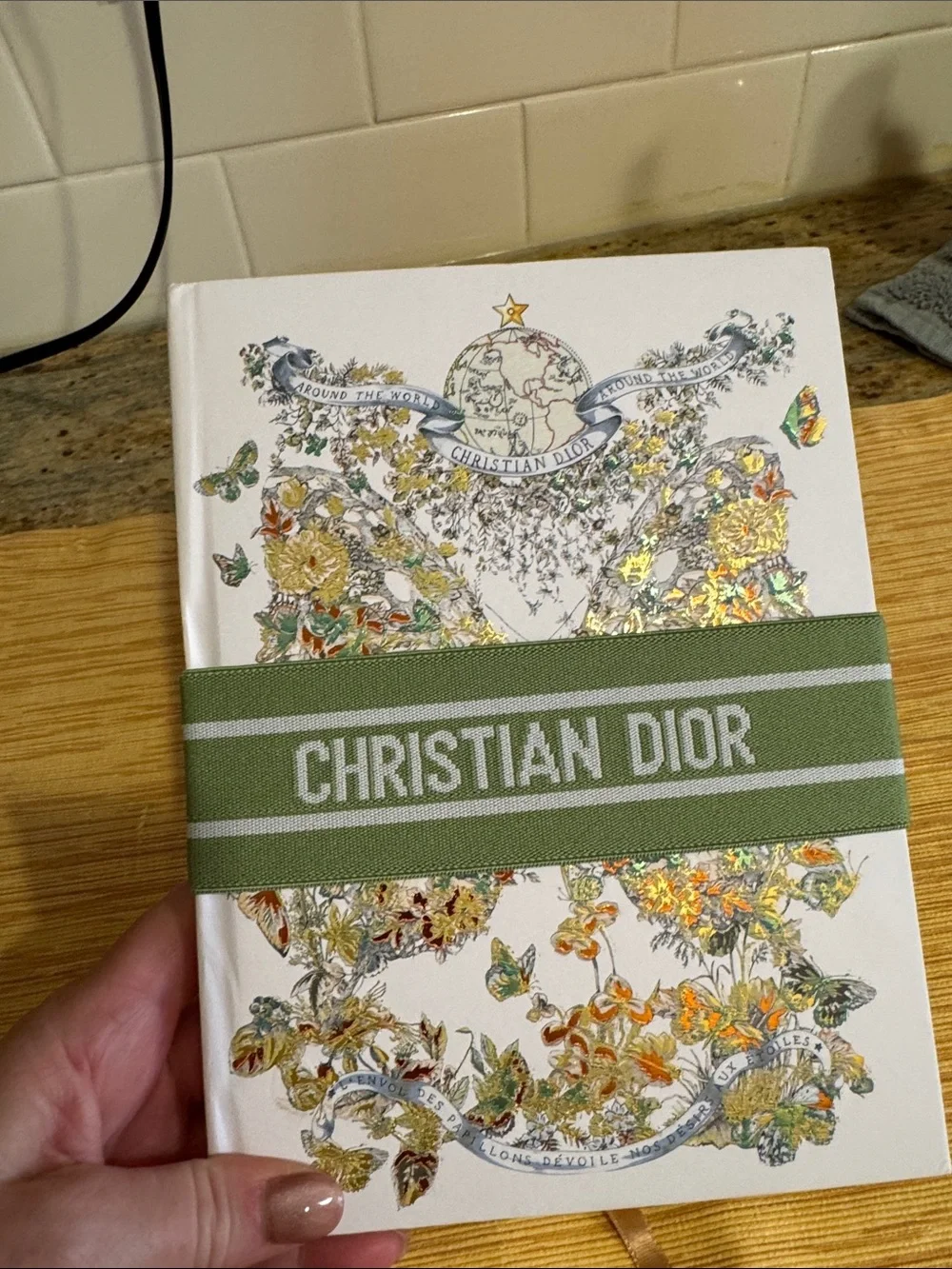 Dior Floral Hardcover Notebook — White with Green Band